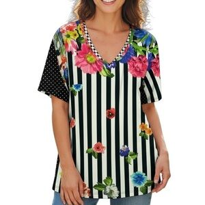 RIANI Floral Stripe Mixed Print Top Size 16 Colorful Polka Dot Short Sleeve